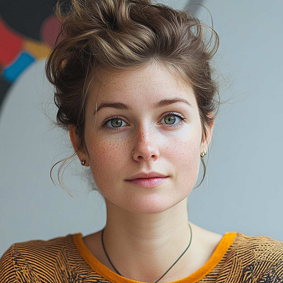 Una ragazza bionda coi capelli raccolti, un maglioncino arancione e una collanina al collo.