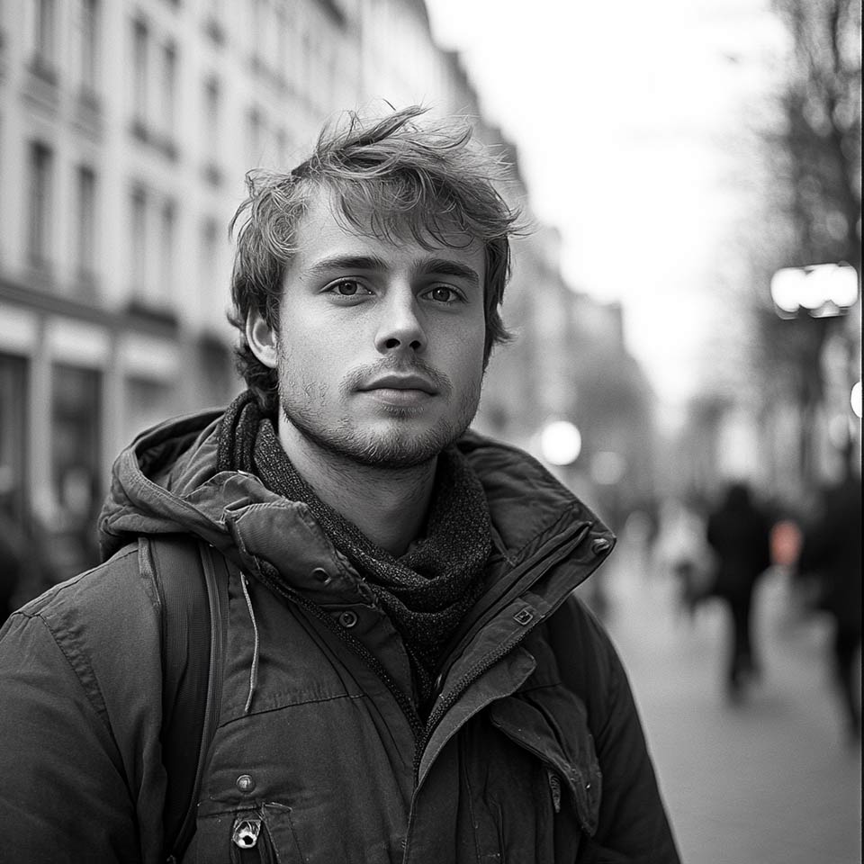 Un ragazzo in strada con giubbotto e capelli mossi dal vento.